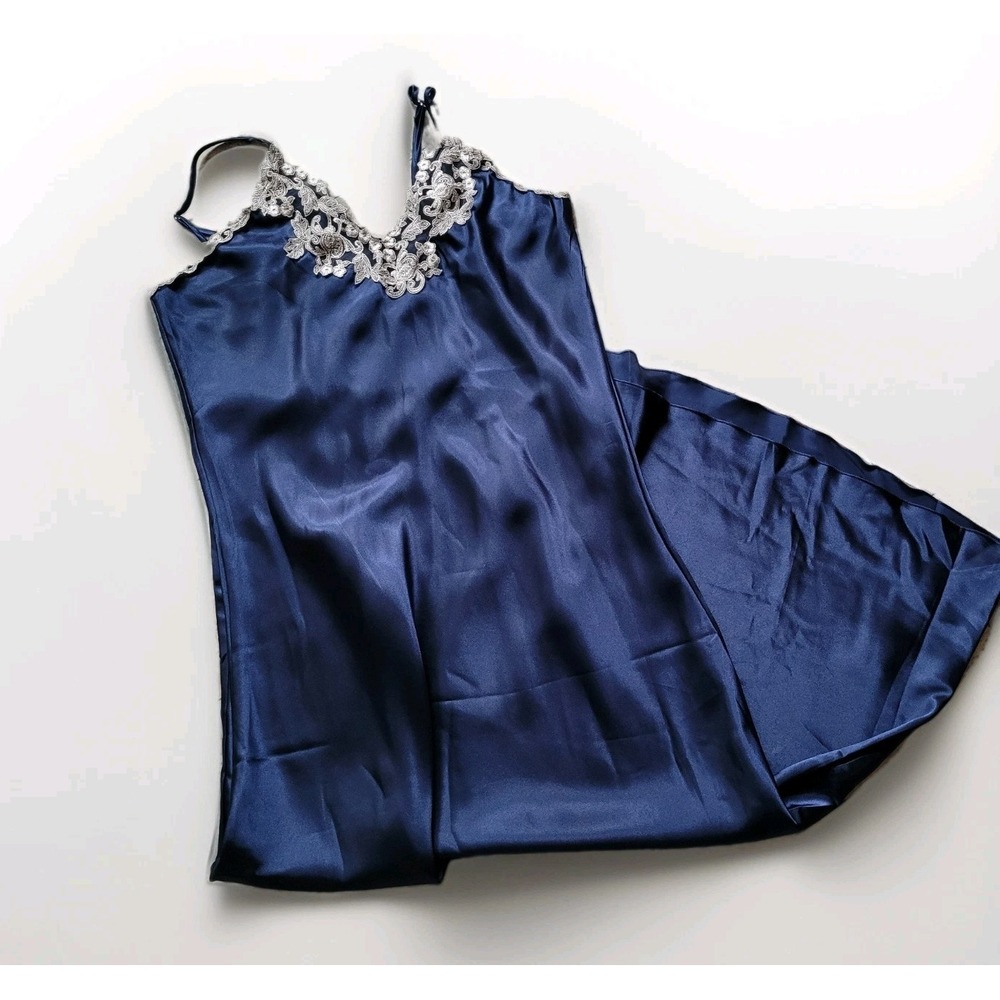 Navy Blue Satin Evening Dress Lace Applique Neckline Large Dark Coquette Y2K
